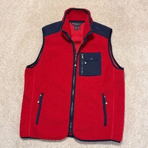 Brooks Brothers Fleece Vest Men Large Red Navy Blue Sherpa Full Zip Outdoor